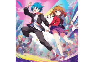 Anime characters jumping in colorful scene