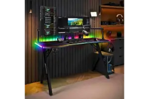 Gaming setup with RGB lights and monitors